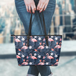 Dark Tropical Flamingo Pattern Print Leather Tote Bag