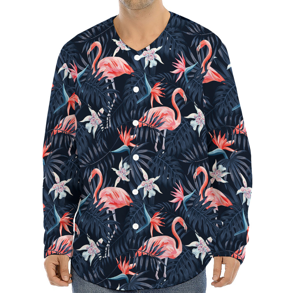 Dark Tropical Flamingo Pattern Print Long Sleeve Baseball Jersey