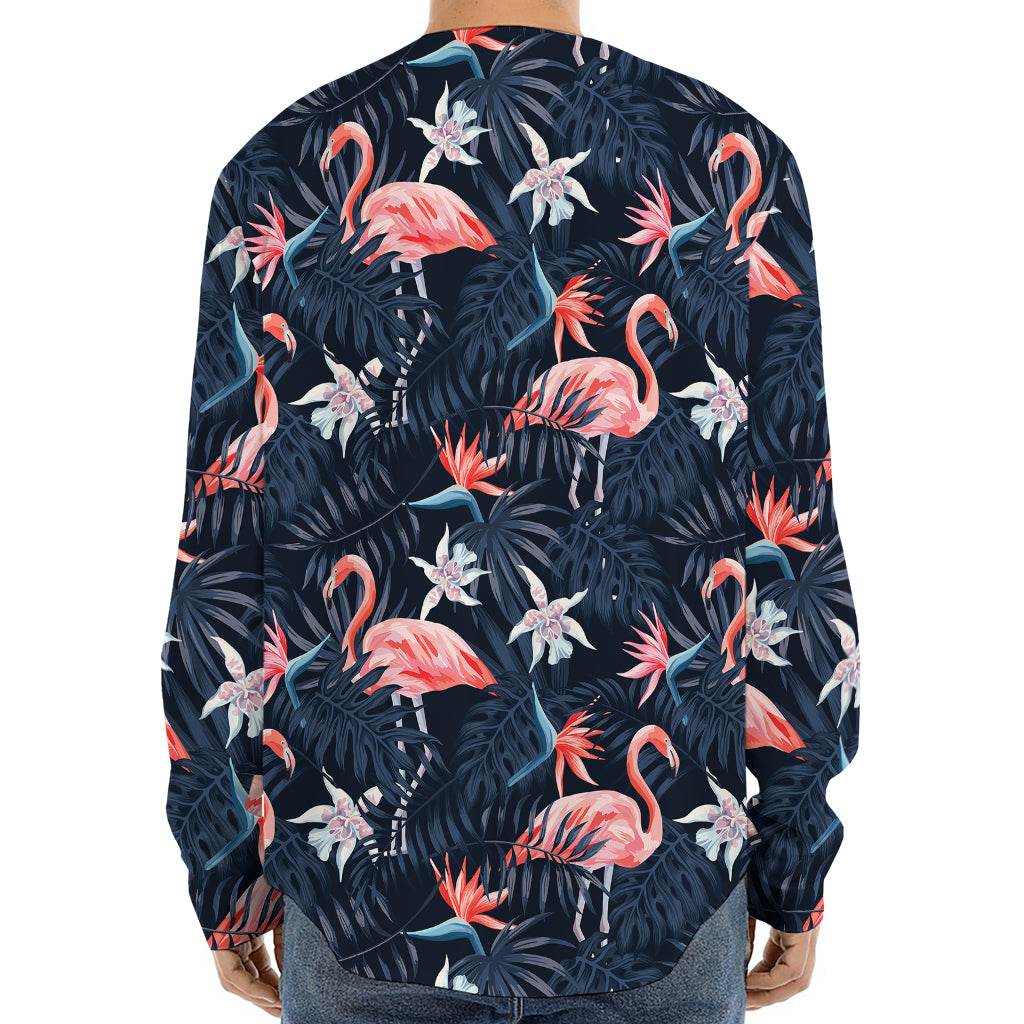 Dark Tropical Flamingo Pattern Print Long Sleeve Baseball Jersey