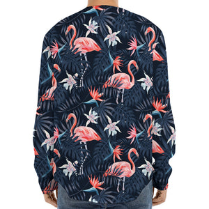 Dark Tropical Flamingo Pattern Print Long Sleeve Baseball Jersey