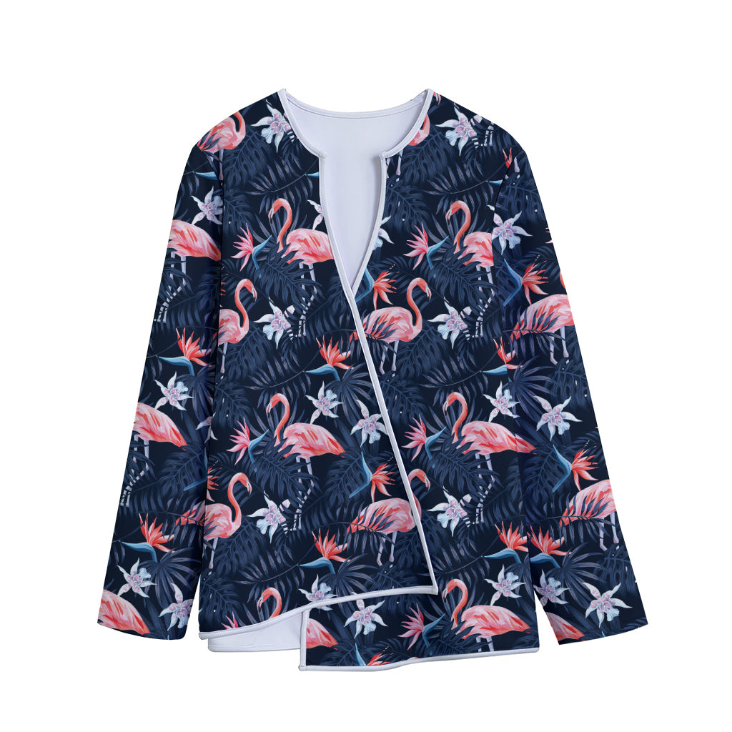 Dark Tropical Flamingo Pattern Print Long Sleeve Short Coat