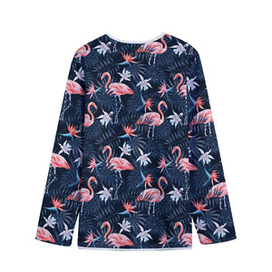 Dark Tropical Flamingo Pattern Print Long Sleeve Short Coat