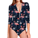 Dark Tropical Flamingo Pattern Print Long Sleeve Swimsuit