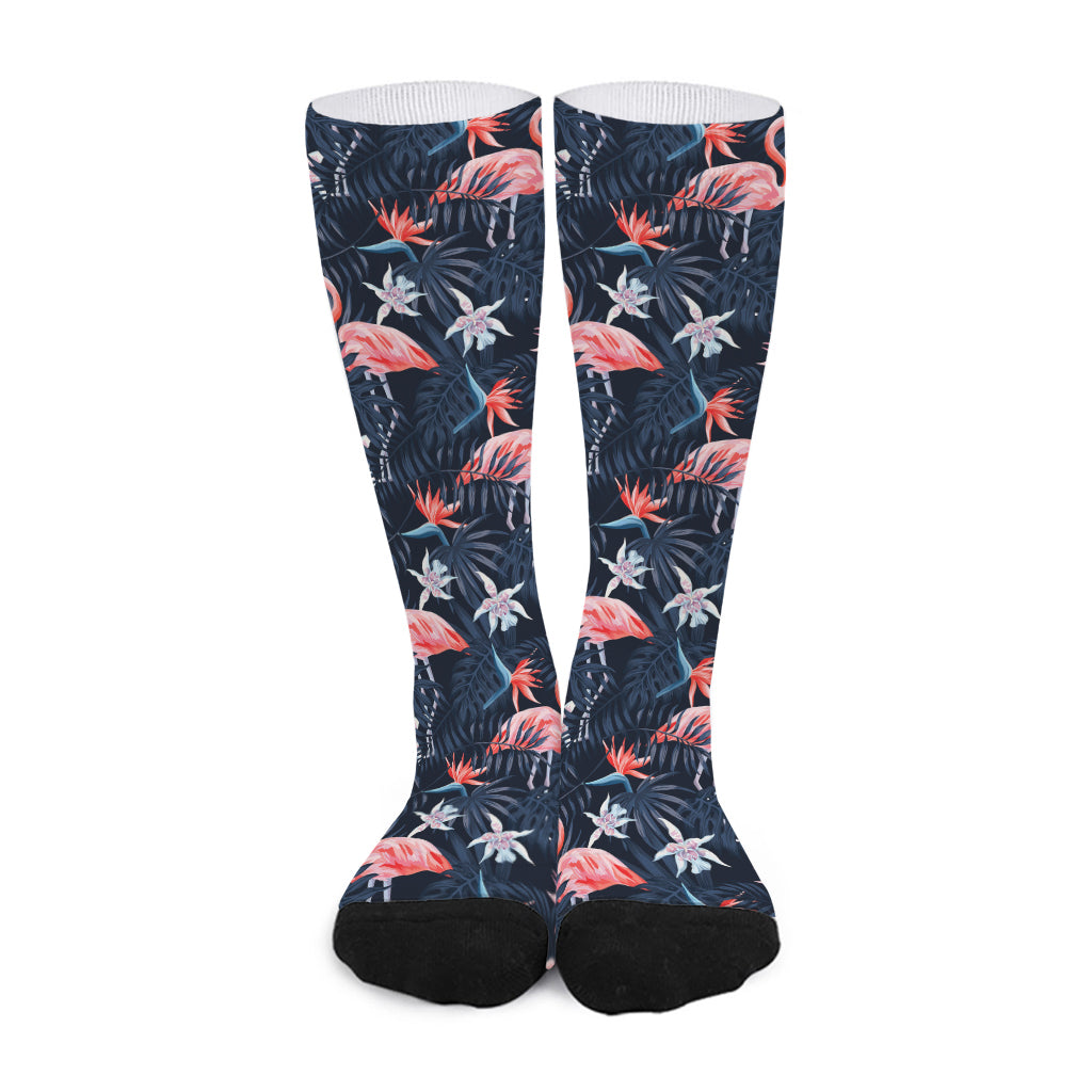 Dark Tropical Flamingo Pattern Print Long Socks