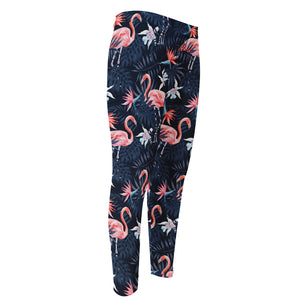 Dark Tropical Flamingo Pattern Print Men's Compression Pants