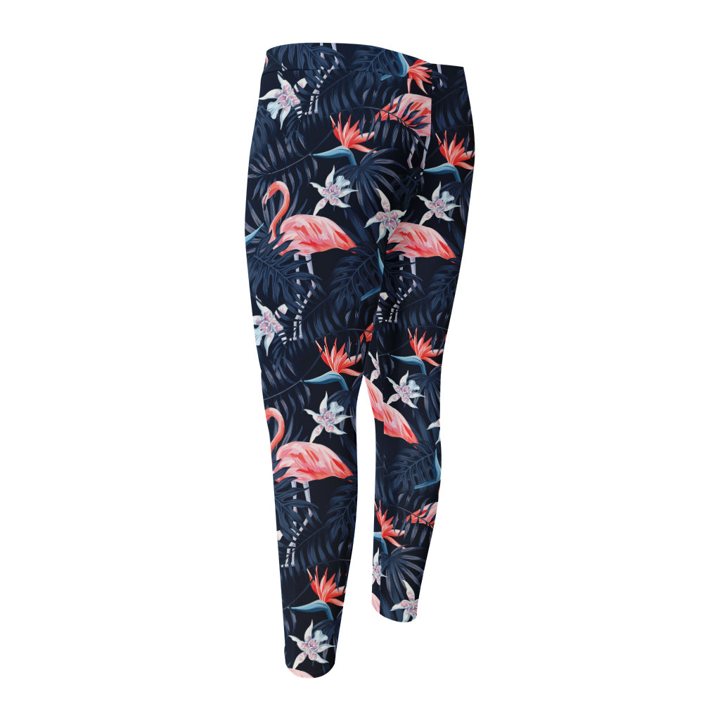 Dark Tropical Flamingo Pattern Print Men's Compression Pants