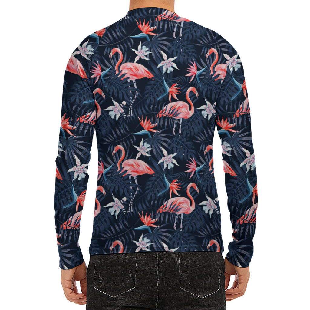 Dark Tropical Flamingo Pattern Print Men's Long Sleeve Rash Guard