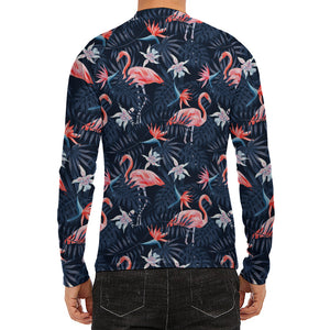 Dark Tropical Flamingo Pattern Print Men's Long Sleeve Rash Guard