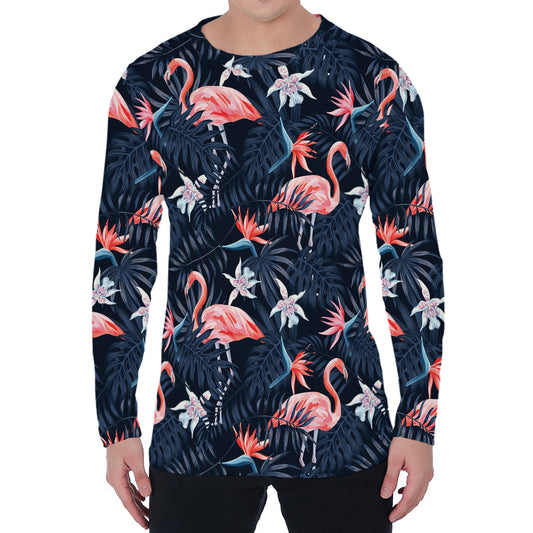Dark Tropical Flamingo Pattern Print Men's Long Sleeve T-Shirt