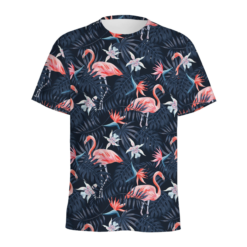 Dark Tropical Flamingo Pattern Print Men's Sports T-Shirt