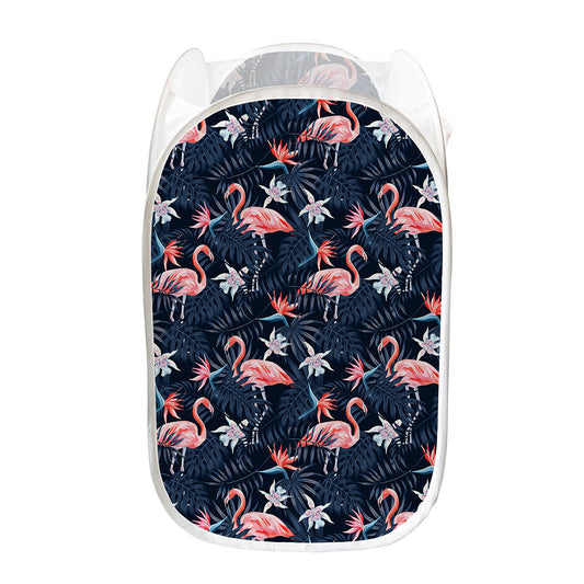 Dark Tropical Flamingo Pattern Print Mesh Laundry Hamper