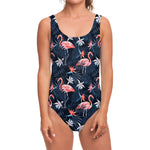 Dark Tropical Flamingo Pattern Print One Piece Swimsuit