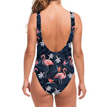 Dark Tropical Flamingo Pattern Print One Piece Swimsuit