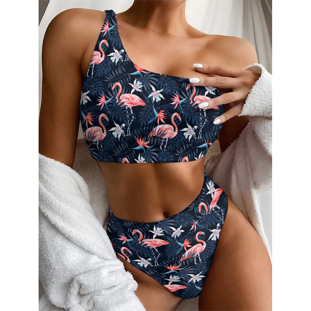 Dark Tropical Flamingo Pattern Print One Shoulder Bikini Top