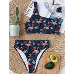 Dark Tropical Flamingo Pattern Print One Shoulder Bikini Top