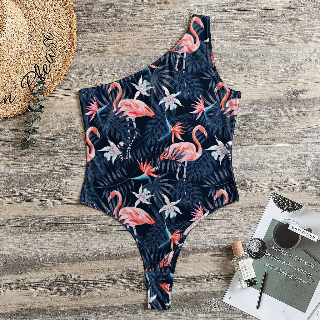 Dark Tropical Flamingo Pattern Print One Shoulder Bodysuit