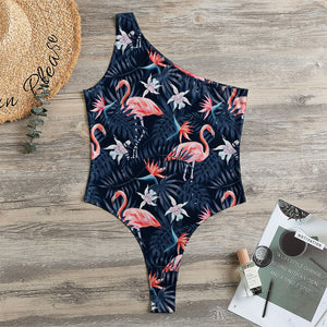 Dark Tropical Flamingo Pattern Print One Shoulder Bodysuit