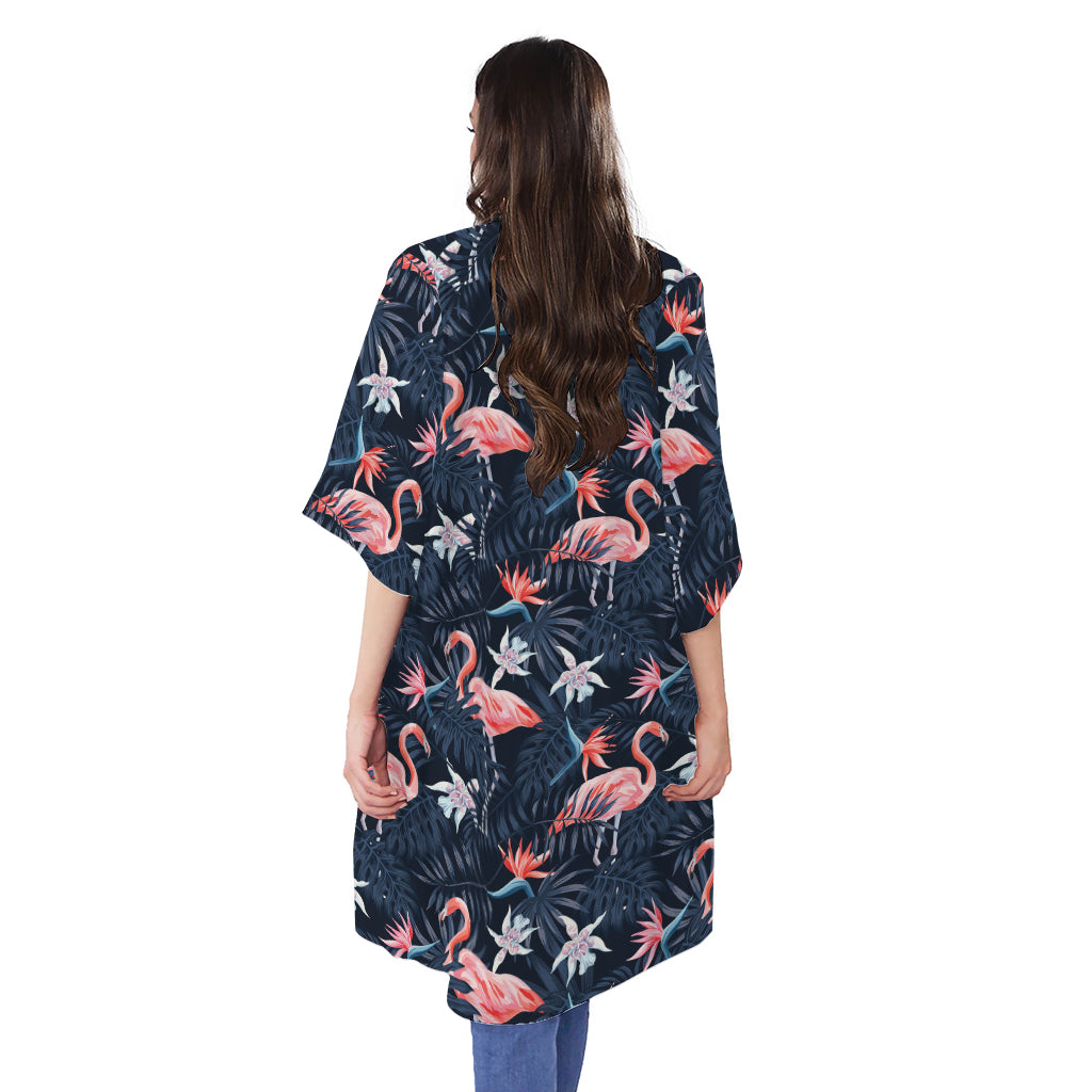 Dark Tropical Flamingo Pattern Print Open Front Beach Cover Up