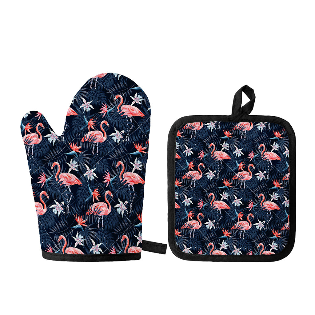 Dark Tropical Flamingo Pattern Print Oven Mitt And Pot Holder Set