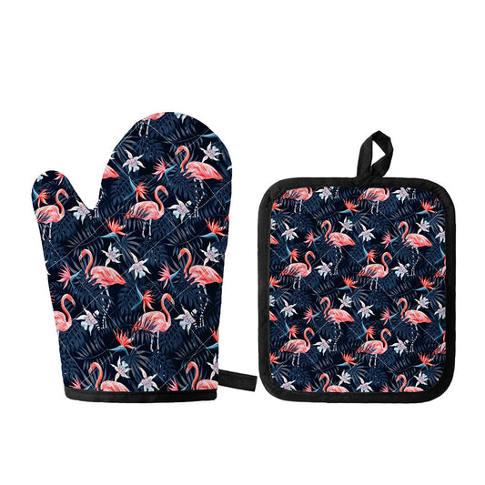 Dark Tropical Flamingo Pattern Print Oven Mitt And Pot Holder Set