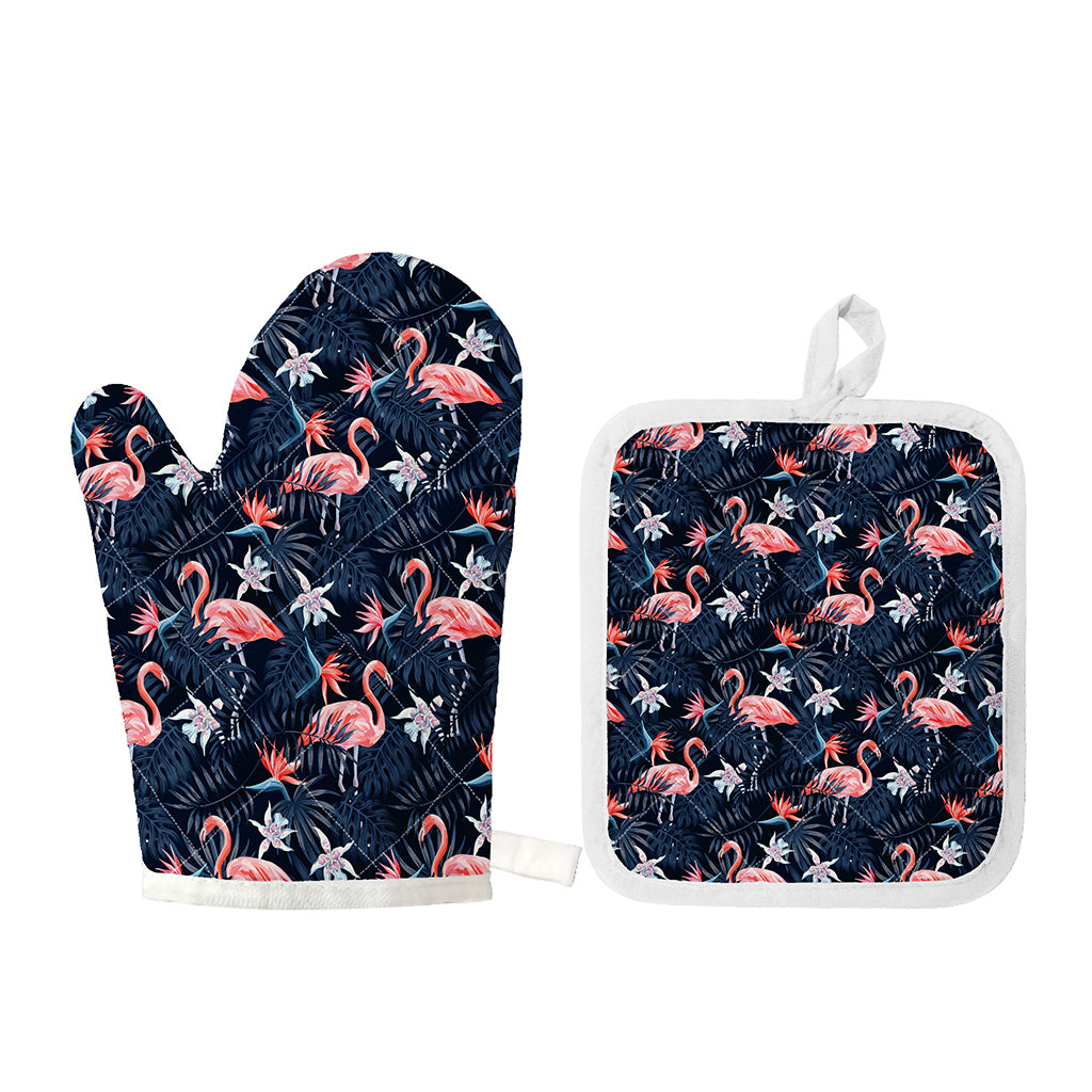 Dark Tropical Flamingo Pattern Print Oven Mitt And Pot Holder Set