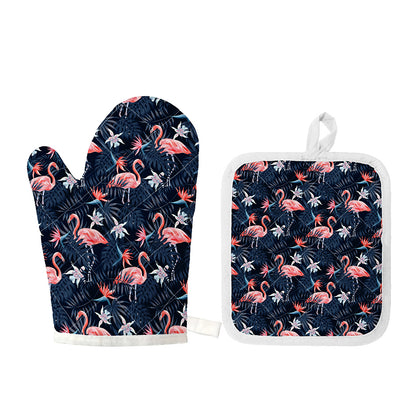 Dark Tropical Flamingo Pattern Print Oven Mitt And Pot Holder Set