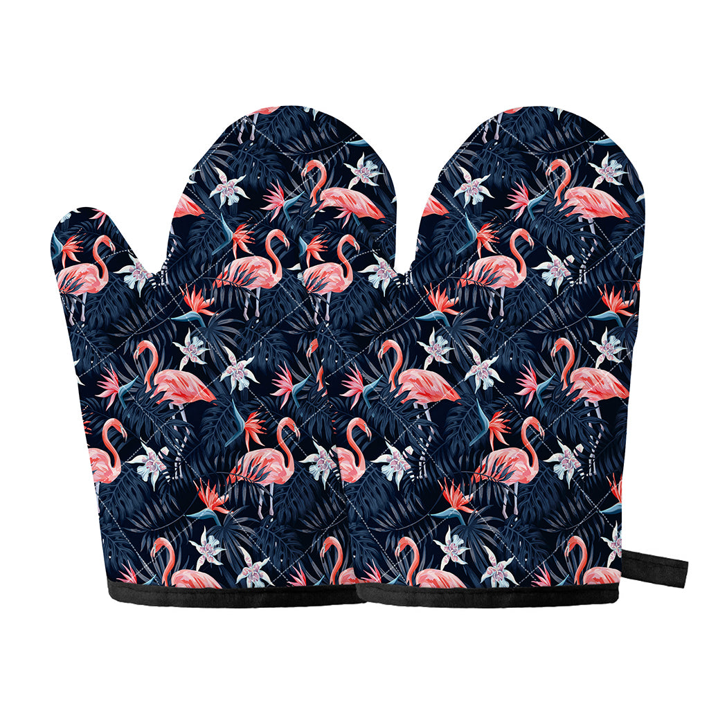 Dark Tropical Flamingo Pattern Print Oven Mitts