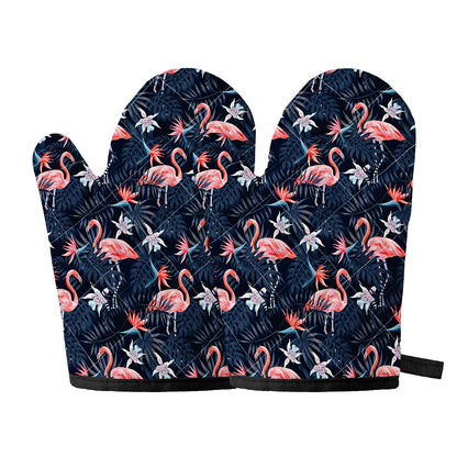 Dark Tropical Flamingo Pattern Print Oven Mitts