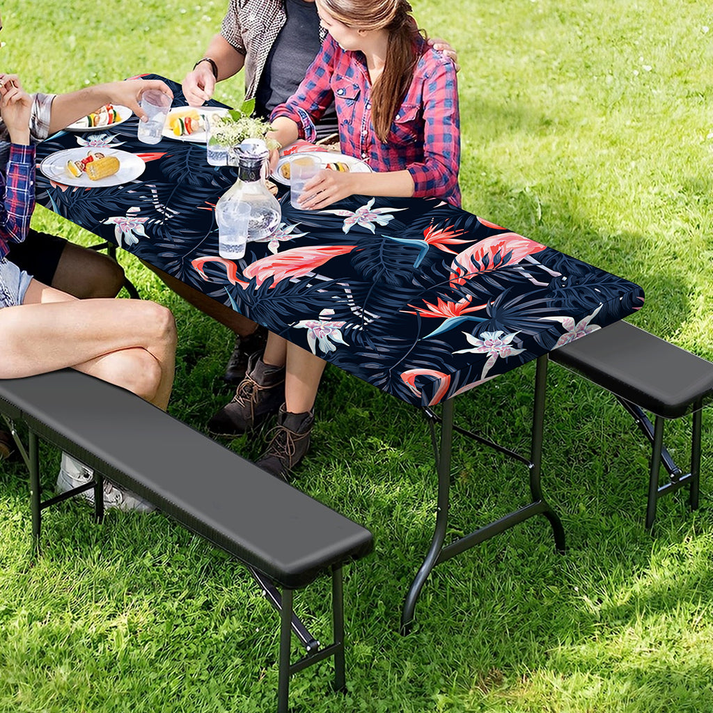 Dark Tropical Flamingo Pattern Print Picnic Table Cover