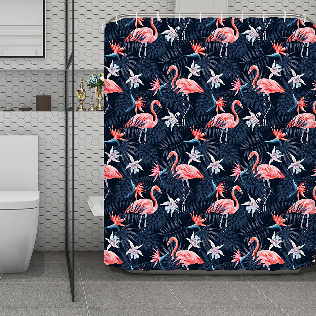 Dark Tropical Flamingo Pattern Print Polyester Shower Curtain