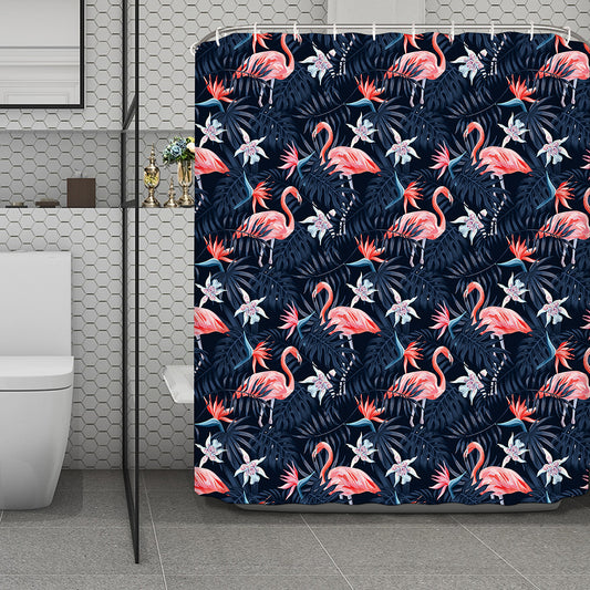 Dark Tropical Flamingo Pattern Print Polyester Shower Curtain