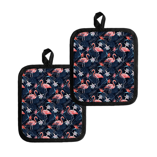 Dark Tropical Flamingo Pattern Print Pot Holders