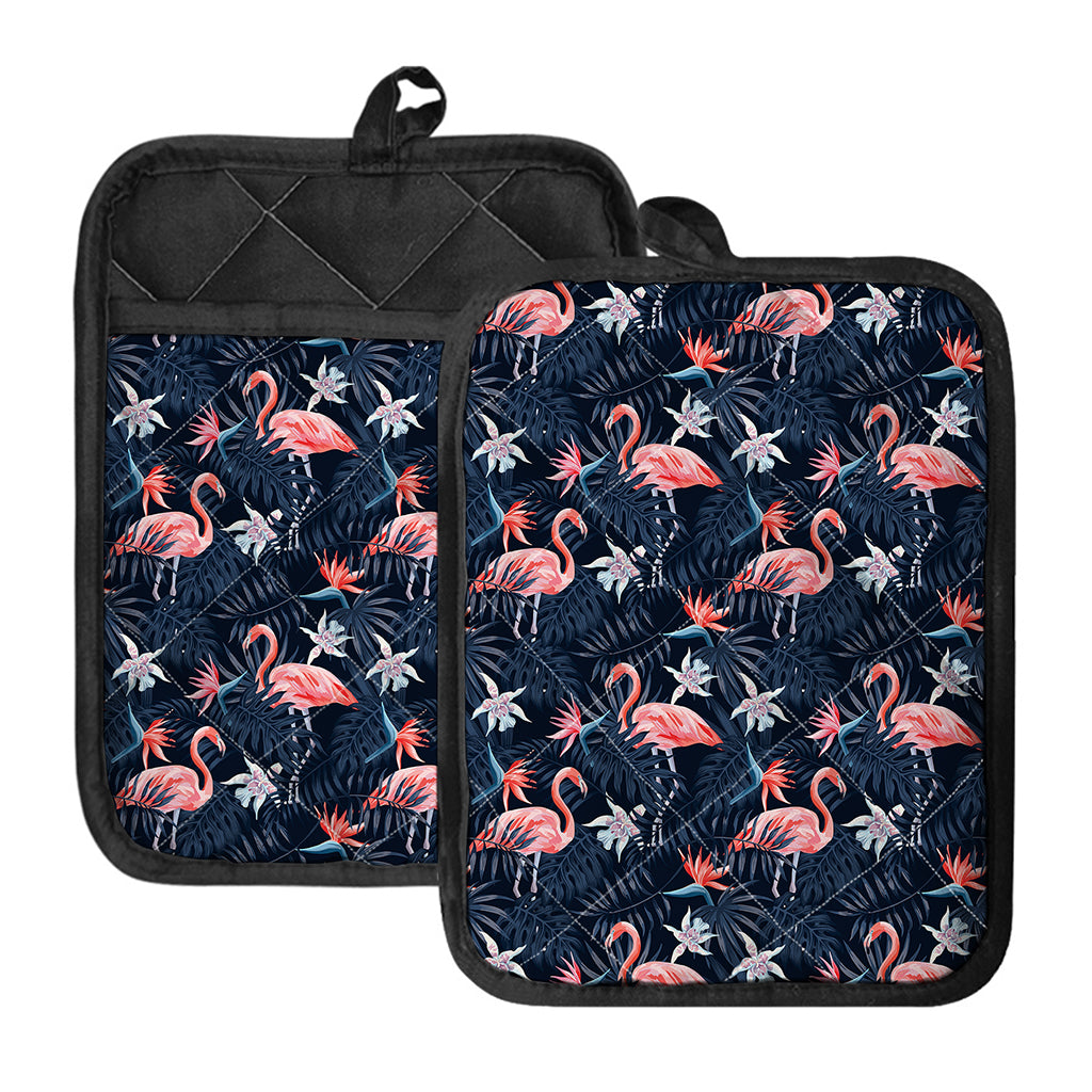 Dark Tropical Flamingo Pattern Print Pot Holders With Pocket
