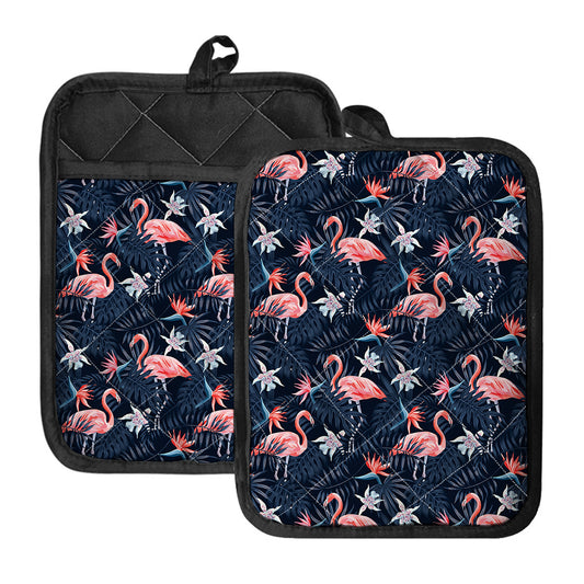 Dark Tropical Flamingo Pattern Print Pot Holders With Pocket
