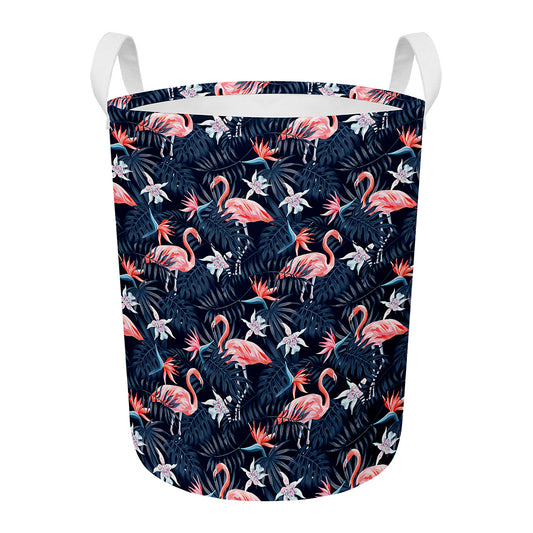 Dark Tropical Flamingo Pattern Print Round Laundry Basket