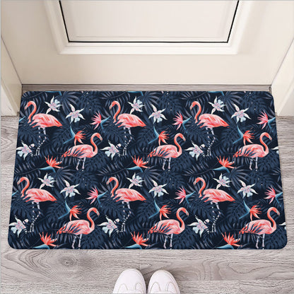 Dark Tropical Flamingo Pattern Print Rubber Doormat