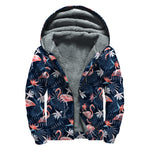 Dark Tropical Flamingo Pattern Print Sherpa Lined Zip Up Hoodie