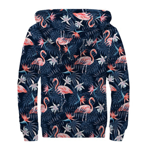 Dark Tropical Flamingo Pattern Print Sherpa Lined Zip Up Hoodie