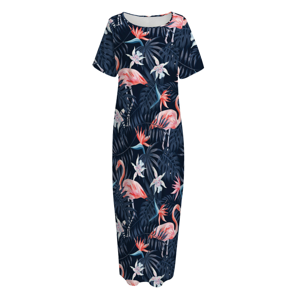 Dark Tropical Flamingo Pattern Print Short Sleeve Long Nightdress