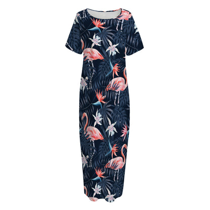 Dark Tropical Flamingo Pattern Print Short Sleeve Long Nightdress