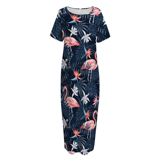 Dark Tropical Flamingo Pattern Print Short Sleeve Long Nightdress