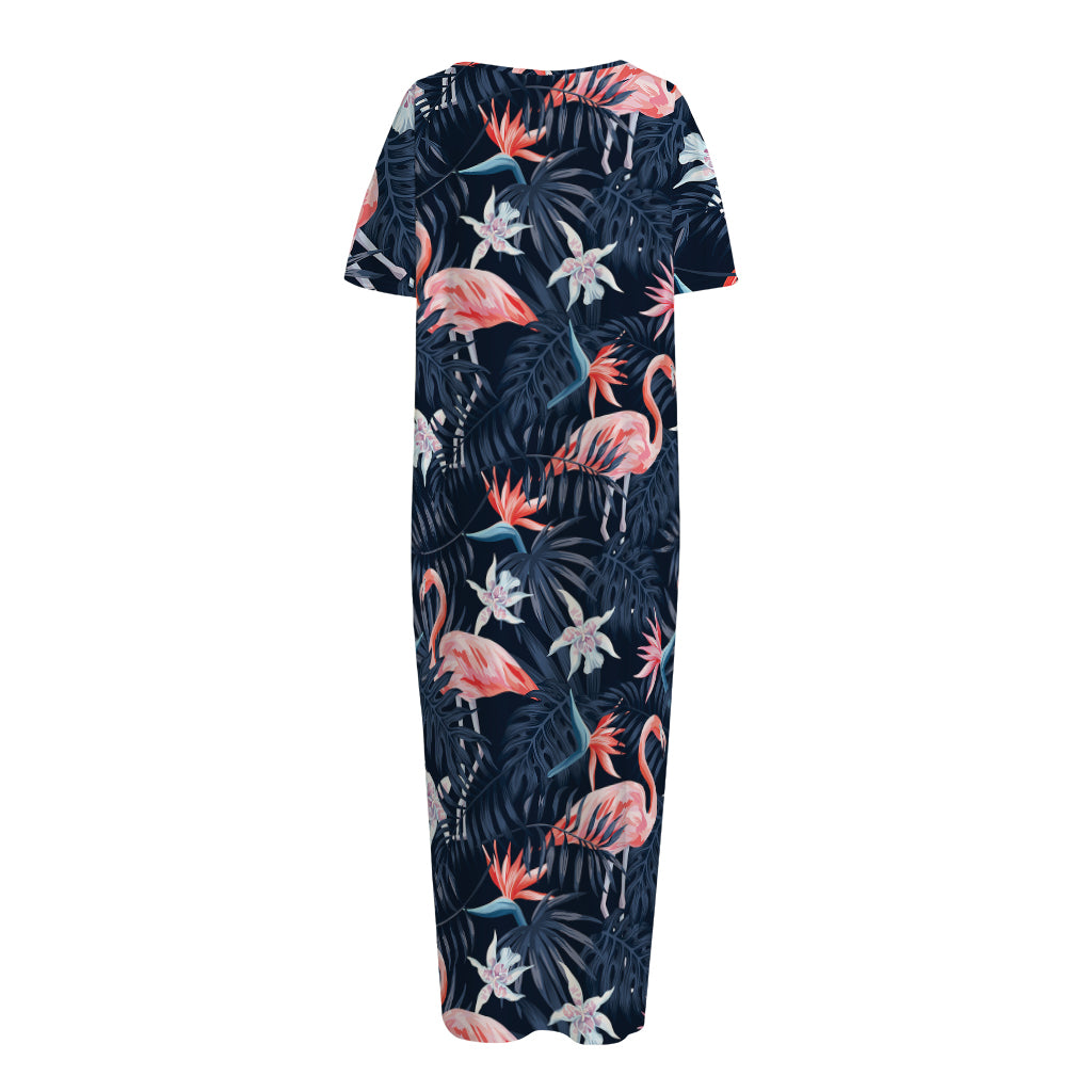 Dark Tropical Flamingo Pattern Print Short Sleeve Long Nightdress