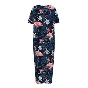 Dark Tropical Flamingo Pattern Print Short Sleeve Long Nightdress