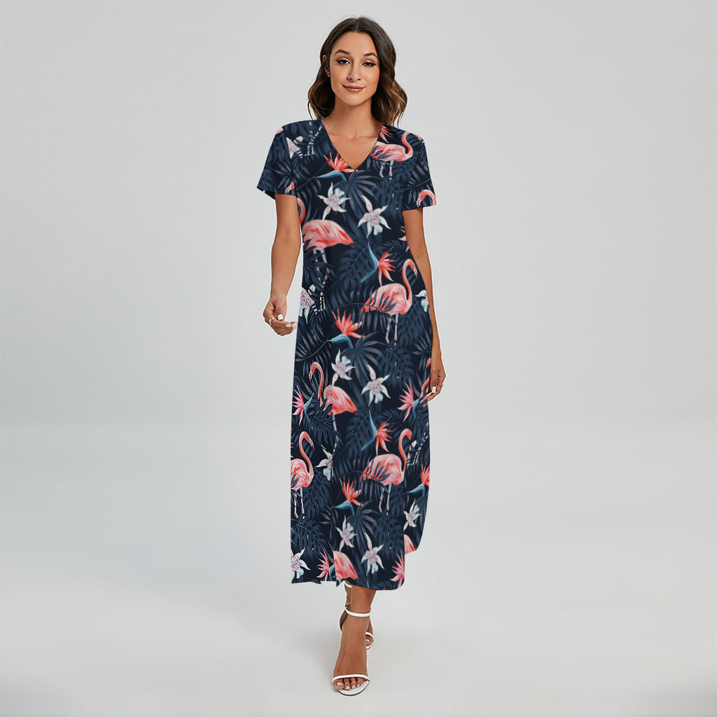 Dark Tropical Flamingo Pattern Print Short Sleeve Maxi Dress