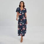 Dark Tropical Flamingo Pattern Print Short Sleeve Maxi Dress