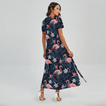 Dark Tropical Flamingo Pattern Print Short Sleeve Maxi Dress