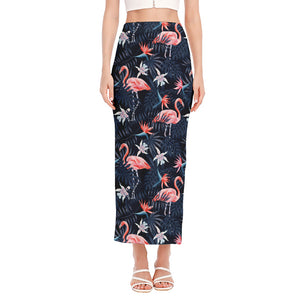 Dark Tropical Flamingo Pattern Print Side Slit Maxi Skirt