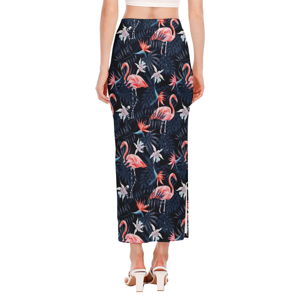 Dark Tropical Flamingo Pattern Print Side Slit Maxi Skirt