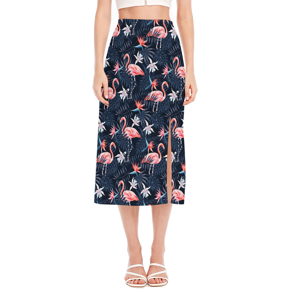 Dark Tropical Flamingo Pattern Print Side Slit Midi Skirt