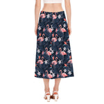 Dark Tropical Flamingo Pattern Print Side Slit Midi Skirt